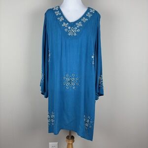 Phool Tunic Top Womens XL Blue Beaded Embellished 3/4 Sleeve Gauze‎ Rayon Light